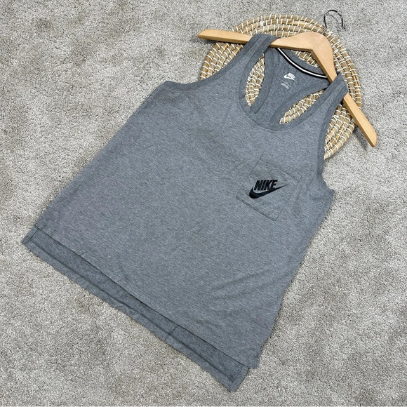 Nike Women's Racerback Signal Tank Top Sleeveless Grey Pocket Nike Logo Size L - Picture 2 of 11